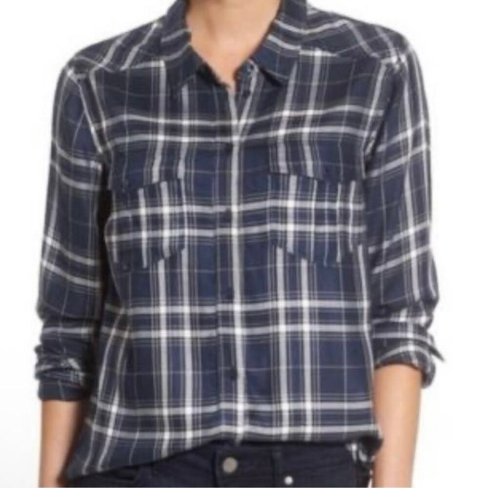 Paige Women's Carlton Plaid Flannel Button Down Shirt Dark Ink Blue White Rose